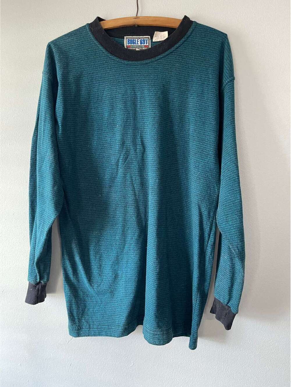 MENS Vintage 80s TEAL Striped BUGLE Boy Long sleeve TShirt Medium [COPY]